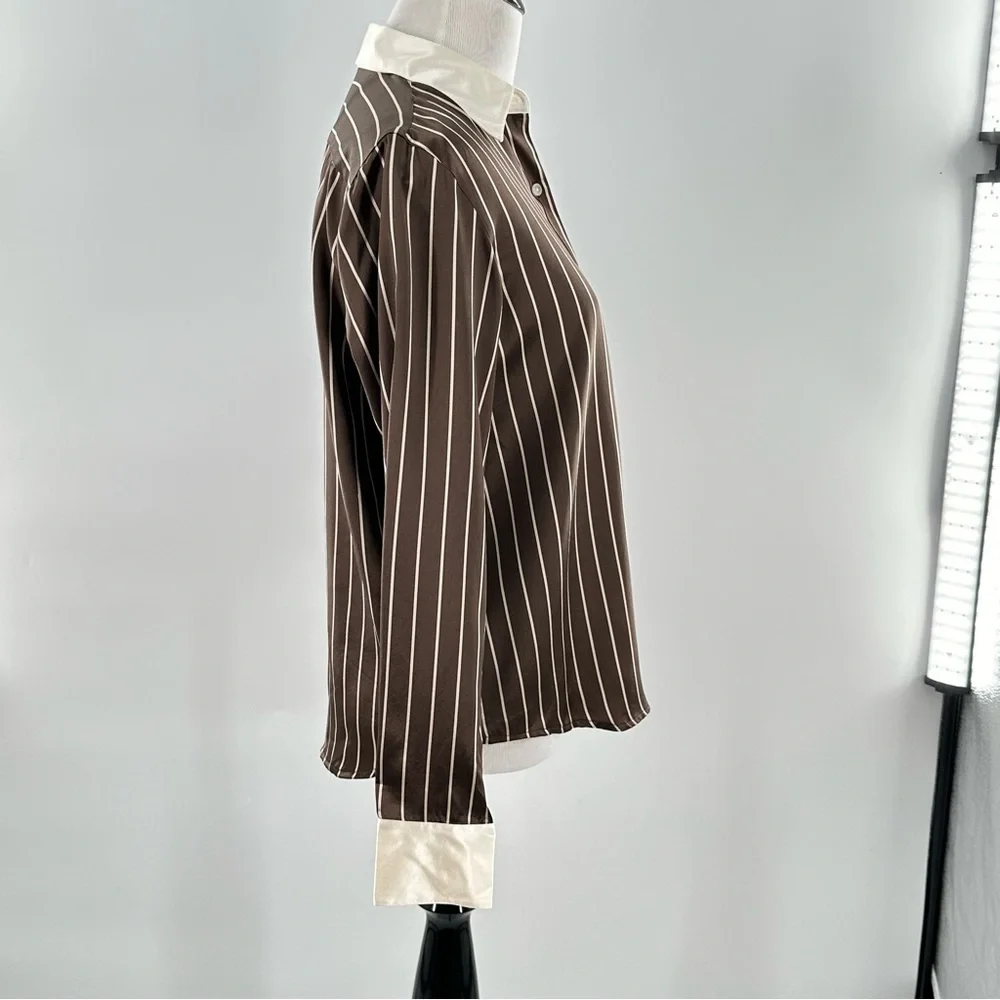 Lauren Ralph Lauren button down top 4P 100% silk brown cream stripes career